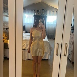 Leigh Tang champagne A-line one shoulder mini dress, small stain on the back